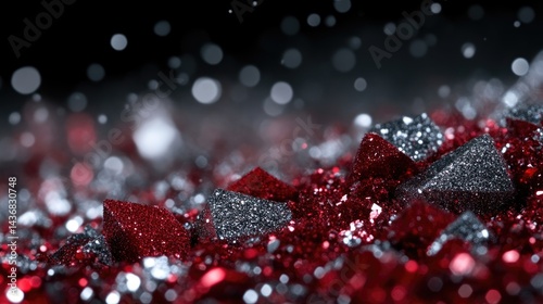 Abstract geometric shapes, red and grey, with glittering particles