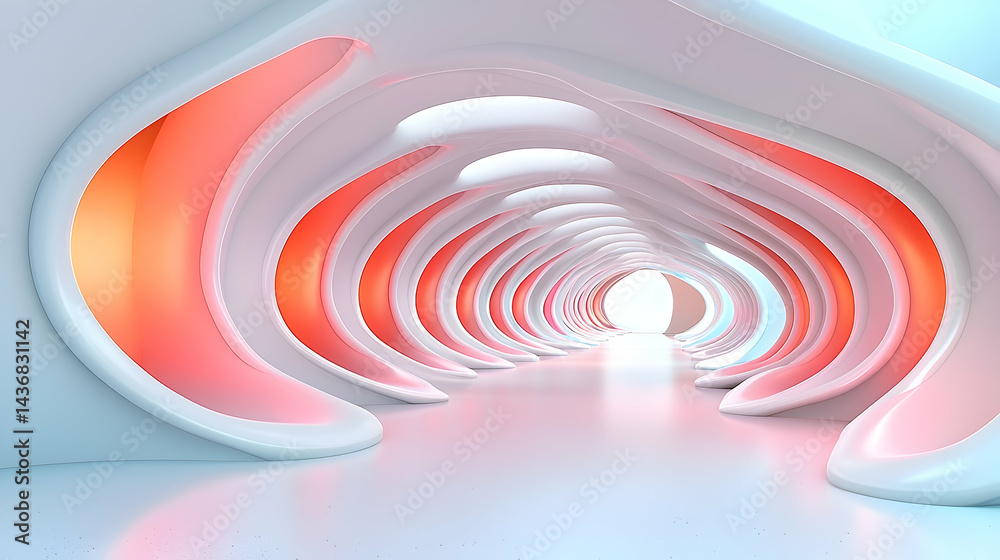 Fototapeta premium Abstract Futuristic Interior: Pink and White Curved Tunnel