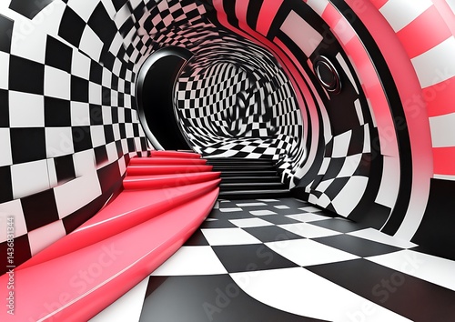 Abstract Tunnel with Red Steps