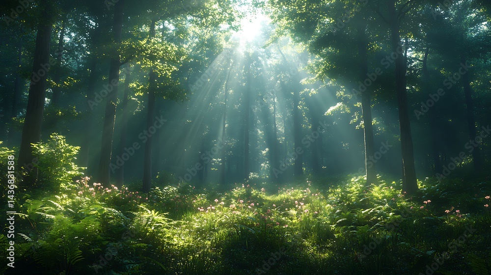 Fototapeta premium Enchanted forest sunbeams nature high resolution hd image