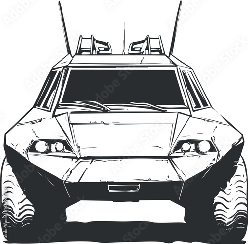 Front view illustration of a military armored vehicle designed for offroad combat and protection