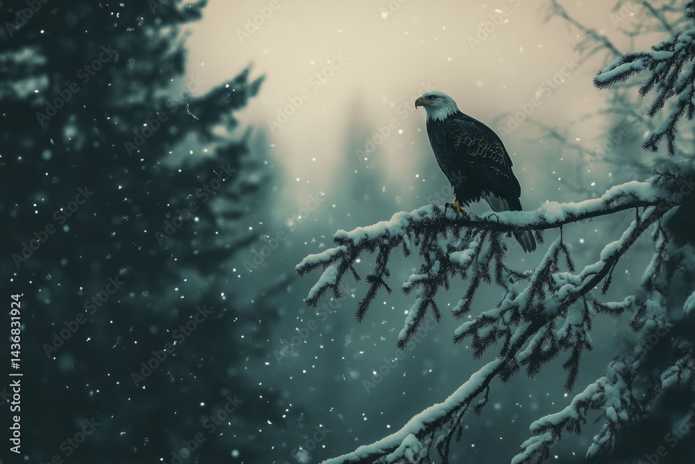 Fototapeta premium Majestic bald eagle perched on a snow-covered branch in a wintery forest, snowflakes falling.