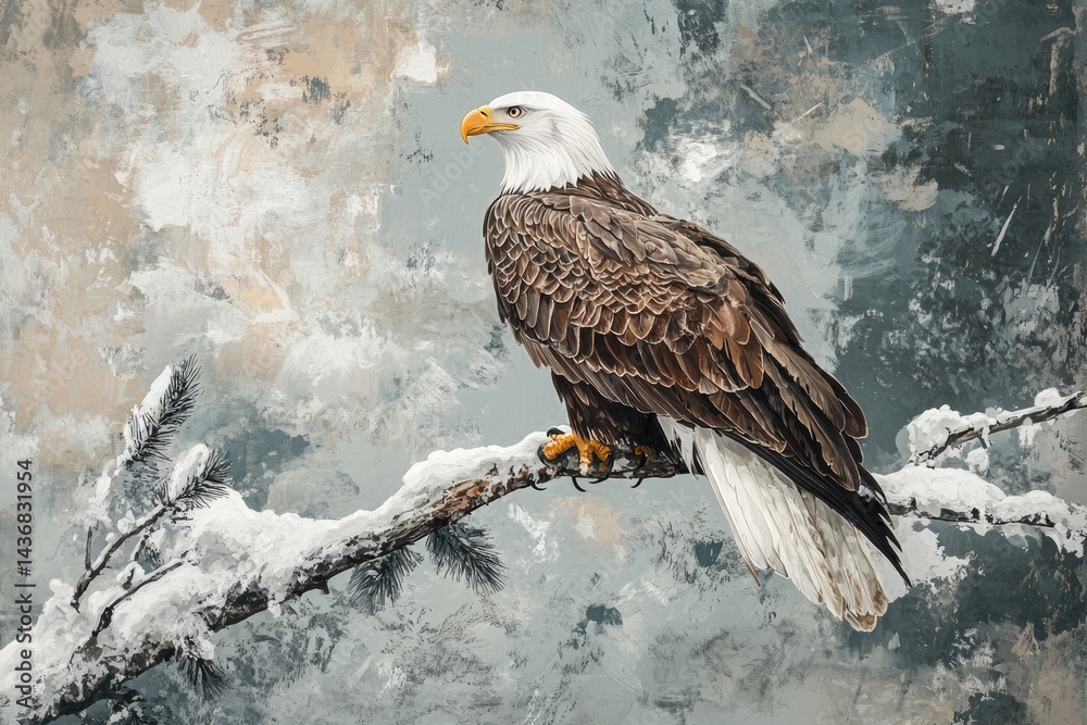 Fototapeta premium Majestic bald eagle perched on a snow-covered branch in a winter landscape.