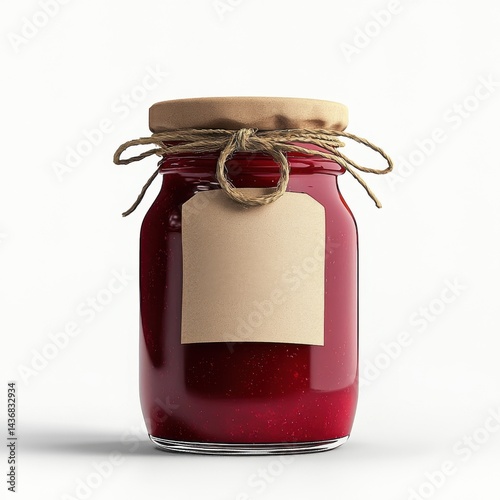 A rustic jar of vibrant red jam with a brown lid and an empty tag for personalization.