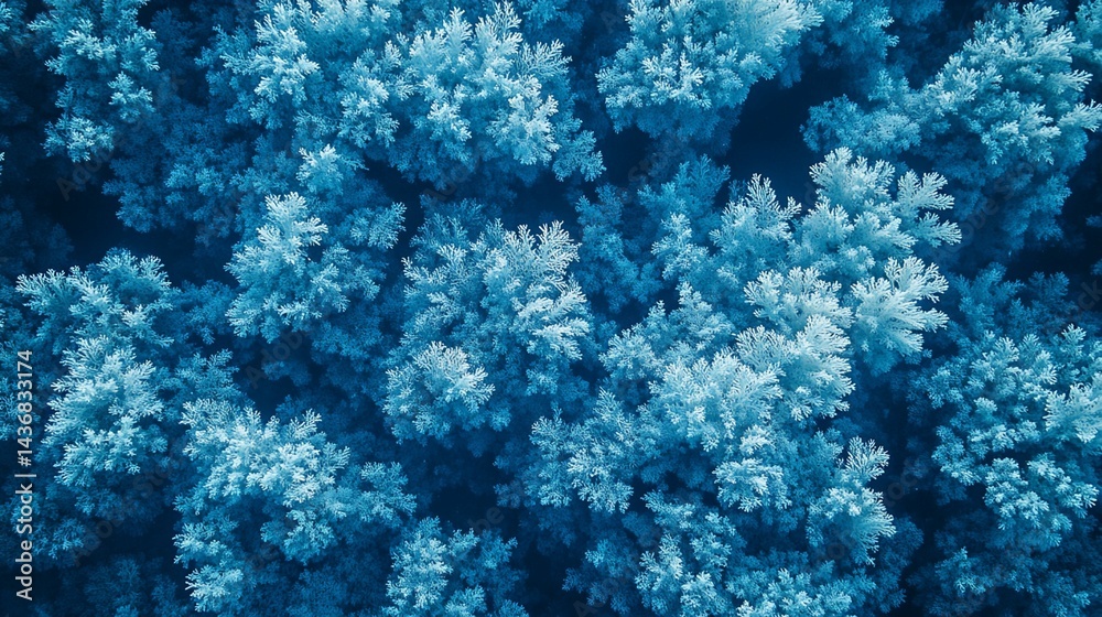Fototapeta premium Aerial View of a Blue-Toned Frost-Covered Forest