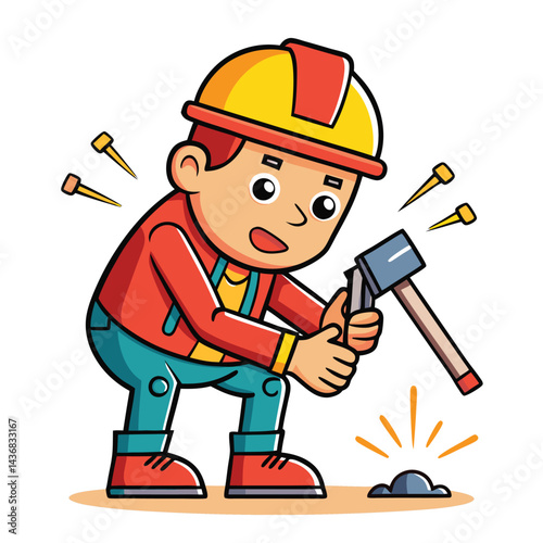 Construction worker hammering a rock