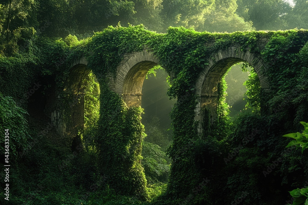 Fototapeta premium Ancient stone archway bridge overgrown with lush green foliage in a mystical forest.