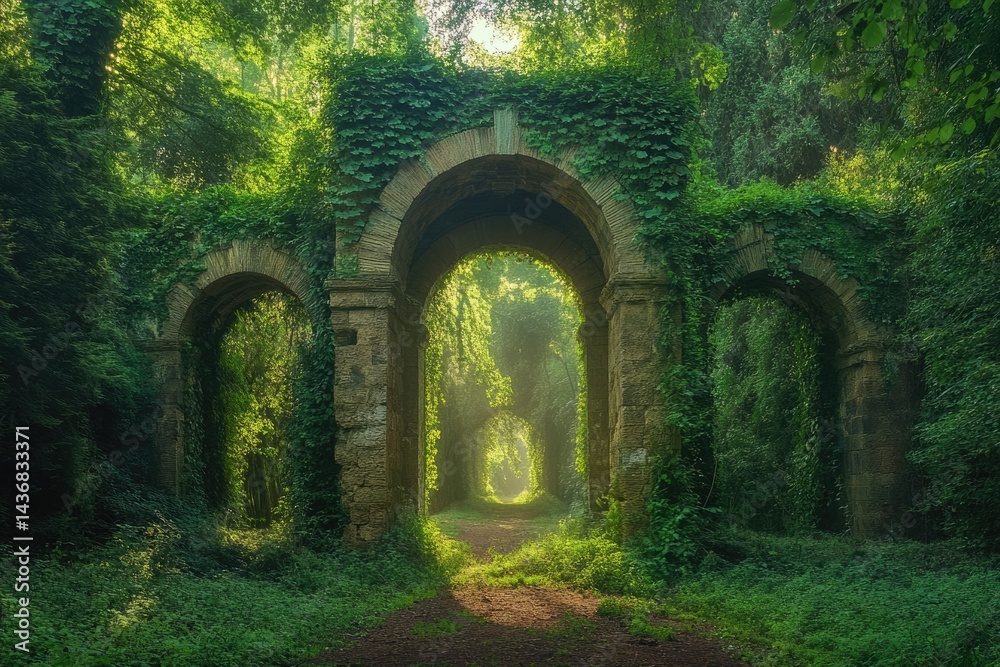 Fototapeta premium Ancient stone arches, overgrown with lush greenery, create a mystical path through a sun-dappled forest.