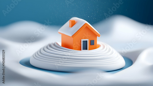 Orange House Model in a Snow Globe Winter Scene