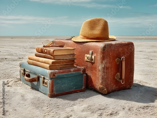 Vintage suitcases and books sit on a sandy beach near the ocean under a bright sunny sky awaiting a journey.