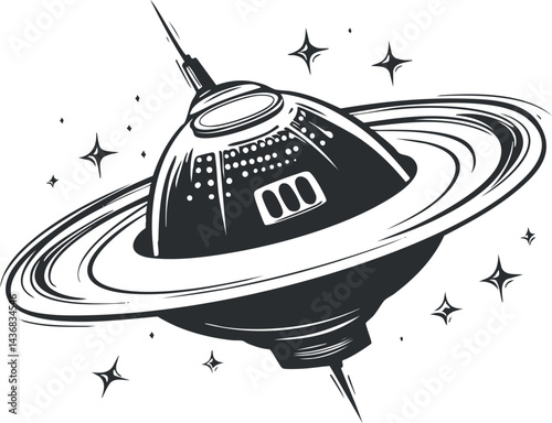 Black and white illustration of a satellite with rings orbiting in space surrounded by stars