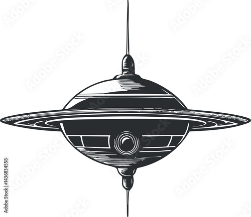 Black and white vector illustration of a classic UFO flying saucer spaceship isolated on white background