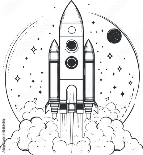 Black and white illustration of a rocket launch with stars and a planet in the background symbolizing space exploration and technology.