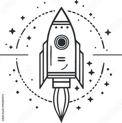 Black and white line art illustration of a rocket launching into space surrounded by stars and orbit lines