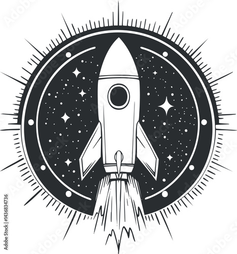 Black and white illustration of a rocket launching into space with stars and circular background design