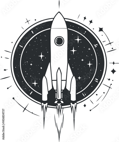 Black and white illustration of a rocket launching into space with stars and orbit around it