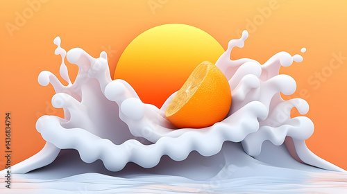 Orange Slice in Milk Splash Wave at Sunset