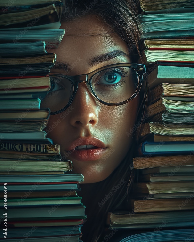 A young Caucasian woman with glasses gazes thoughtfully between stacks of books, immersed in her studies.