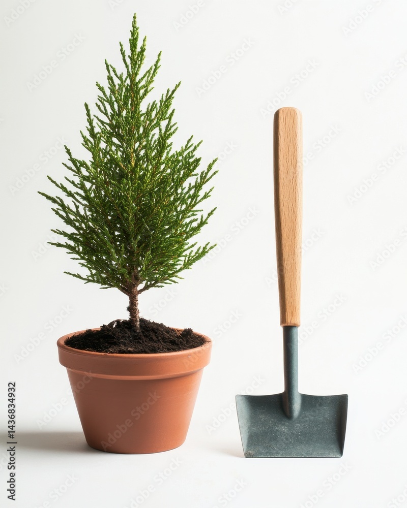 A small green conifer tree in a terracotta pot beside a gardening shovel, symbolizing growth and nature.