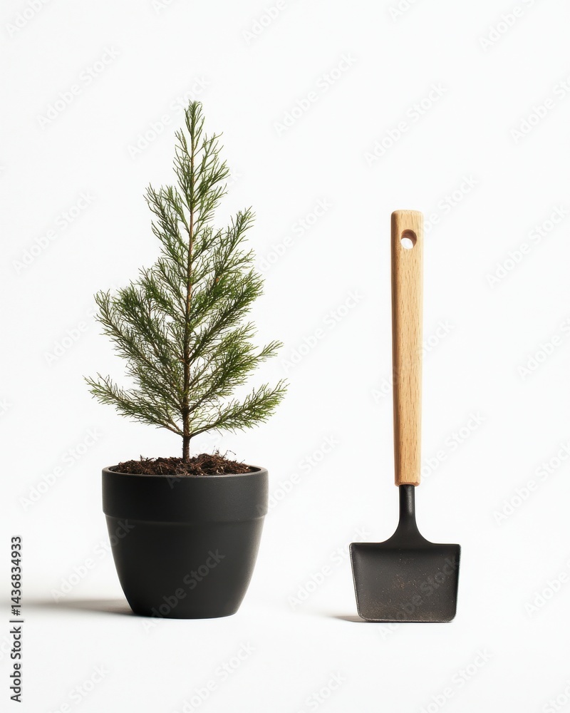 A small evergreen tree in a black pot next to a gardening shovel, symbolizing growth and nurturing.