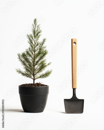 A small evergreen tree in a black pot next to a gardening shovel, symbolizing growth and nurturing.