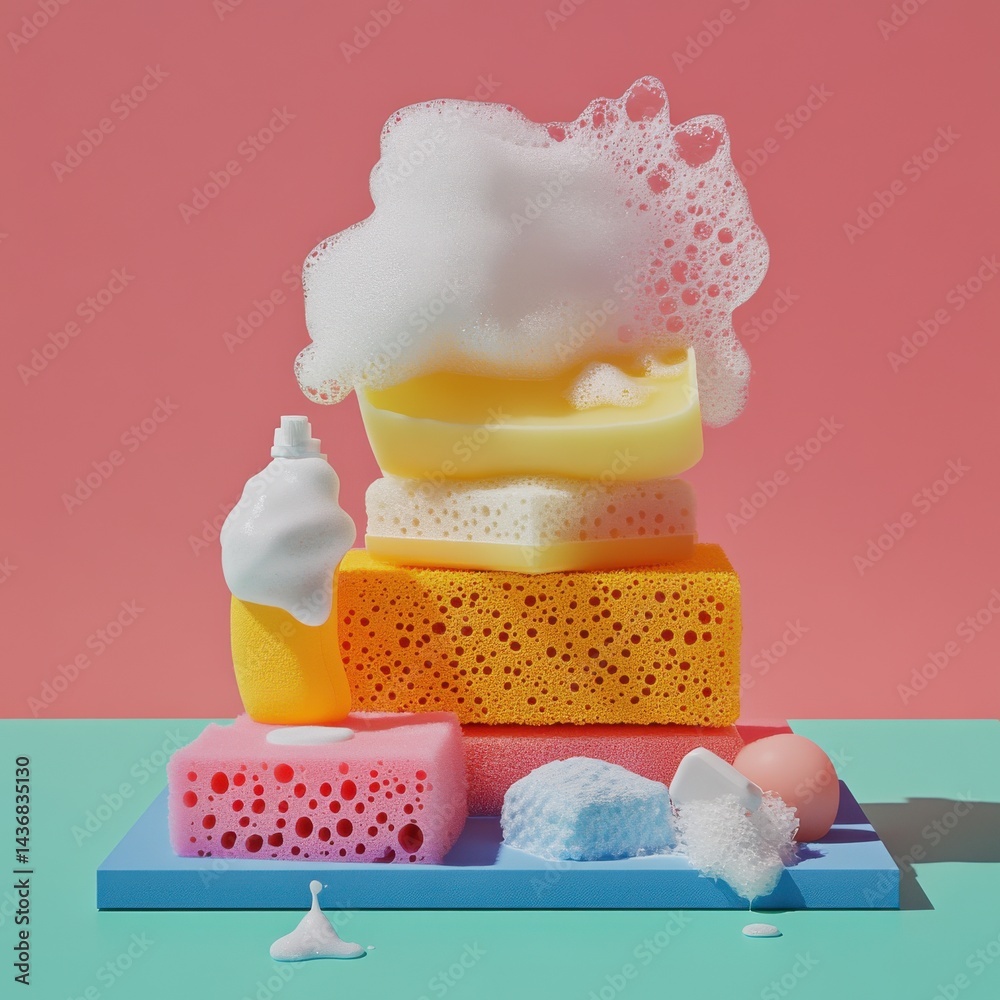 A colorful arrangement of sponges and soap bubbles against a pastel backdrop, creating a playful cleaning scene.