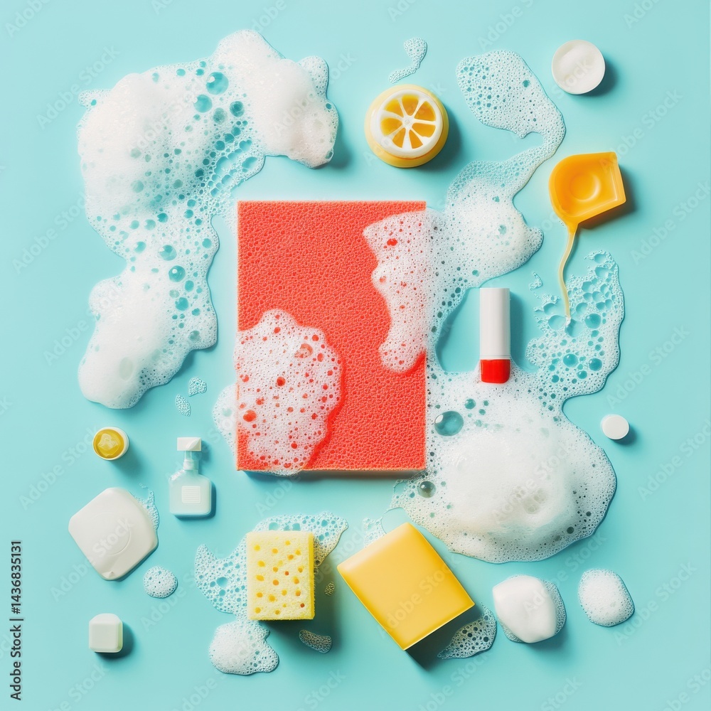 Colorful cleaning supplies and sponges with bubbles arranged artistically on a turquoise background.