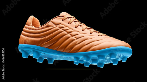 Orange Soccer Shoe with Blue Soles on Black Background