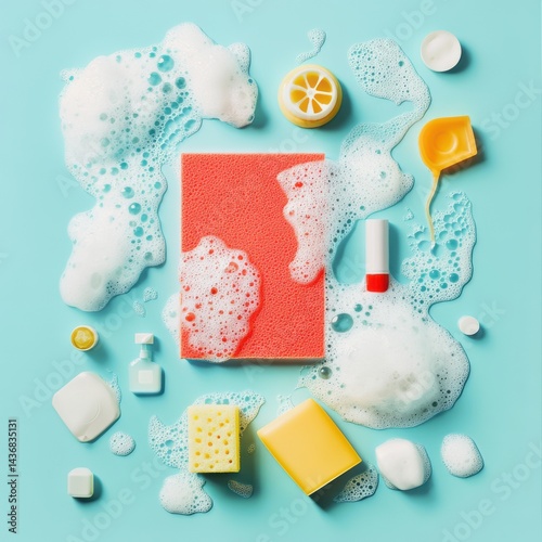Obraz na płótnie Colorful cleaning supplies and sponges with bubbles arranged artistically on a turquoise background. w salonie