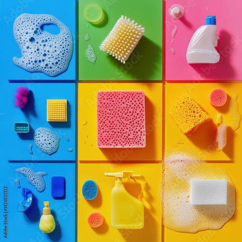 Obraz na płótnie Vibrant cleaning supplies and sponges arranged on colorful backgrounds, showcasing the tools of cleanliness. w salonie