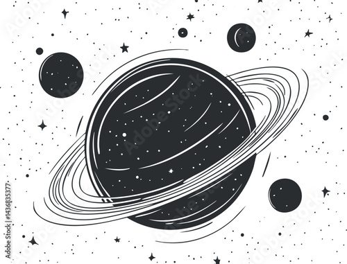 Black and white illustration of a ringed planet surrounded by stars and moons in outer space