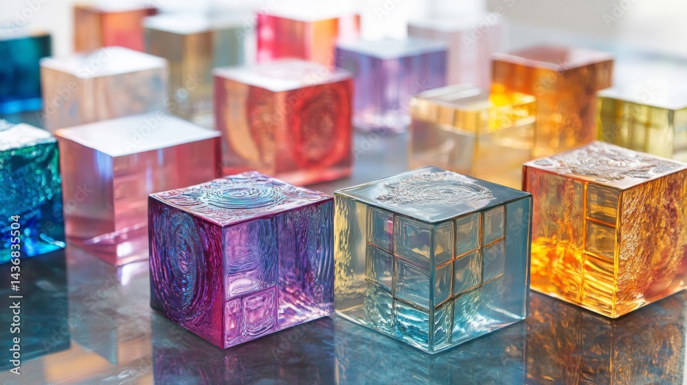 Fototapeta premium Colorful Glass Cubes Art on Reflective Surface