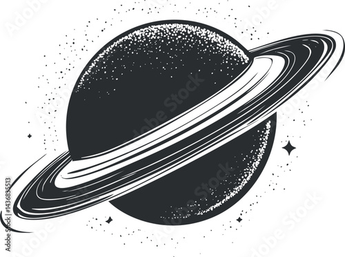 Black and white illustration of a ringed planet resembling Saturn with surrounding stars in space