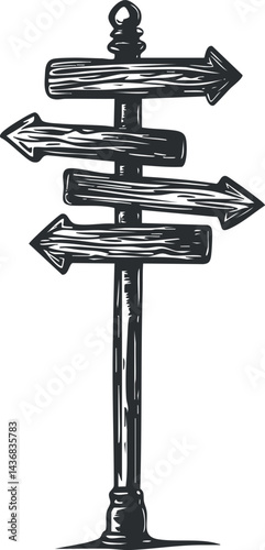 Black and white hand-drawn wooden signpost with multiple directional arrows pointing in different directions