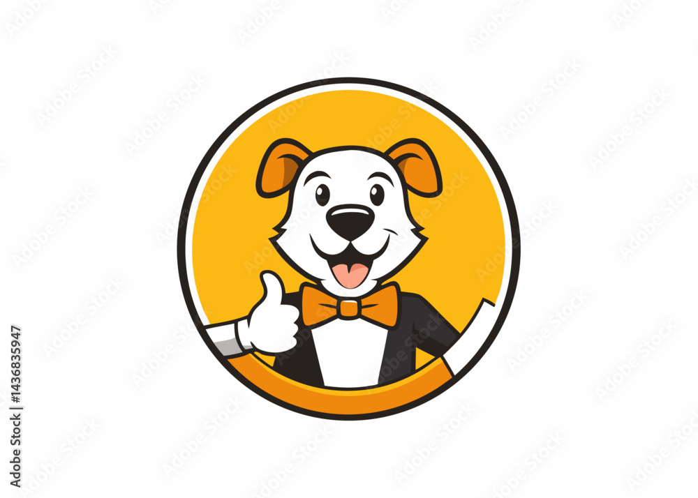 Obraz premium Dog Mascot Icon with a Thumbs Up: An endearing dog mascot in a business formal ensemble, offering a thumbs-up gesture, inside of circle and eye-catching logo, and ready to show happiness.