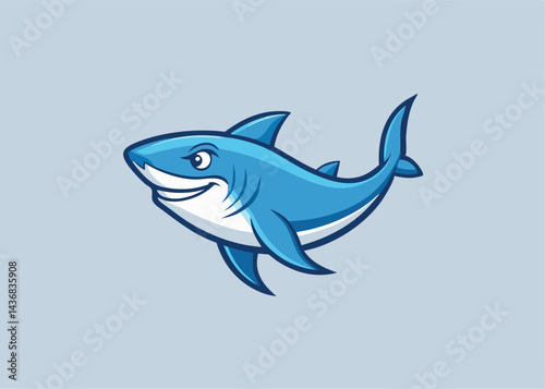 Joyful Shark Illustration: A charming illustration showcases a cheerful shark, swimming in the vast ocean, radiating a sense of friendliness, ready to brighten any aquatic scene.