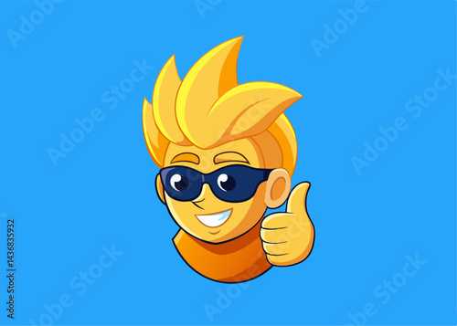 Cool Cartoon Character: A bright, sunny cartoon character with a stylish yellow mohawk, wearing cool sunglasses and giving a thumbs-up gesture, conveys positivity and energy.