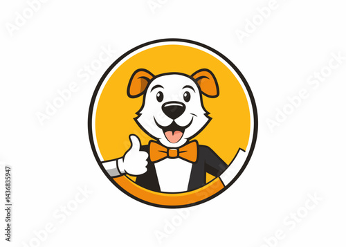 Dog Mascot Icon with a Thumbs Up: An endearing dog mascot in a business formal ensemble, offering a thumbs-up gesture, inside of circle and eye-catching logo, and ready to show happiness.