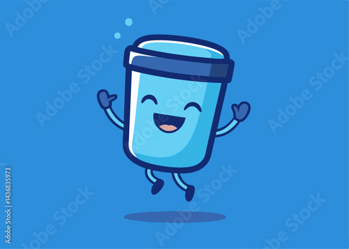 Joyful Water Cup Character: A lively illustration features a cheerful, anthropomorphic water cup, depicted with a bright smile, outstretched arms, and a dynamic pose.