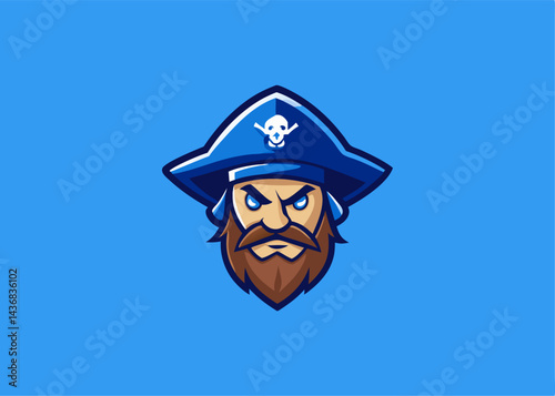 Pirate illustration: A captivating cartoon depiction of a stern pirate, adorned with a distinctive hat, emanating an aura of adventure and determination, set against a tranquil blue canvas.