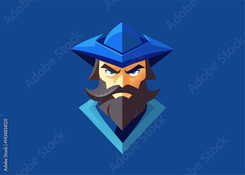 Blue-Hatted Captain: A stylized illustration of a fierce-looking captain with a blue hat and beard, perfect for game design or branding.