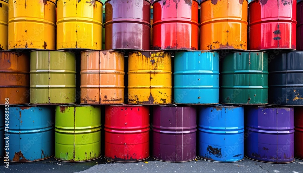 Vibrant stacked oil drums in multicolored rows displaying grunge texture Vibrant stacked oil drums in multicolored rows displaying grunge texture
