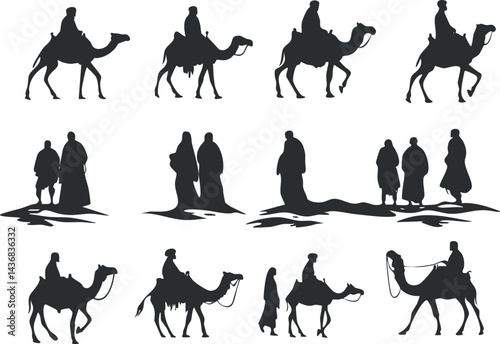 Silhouettes of people walking and riding camels in desert landscape, symbolizing travel and adventure.