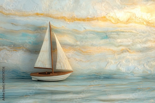 A miniature sailboat gracefully sails on a serene, abstract ocean backdrop resembling marble.