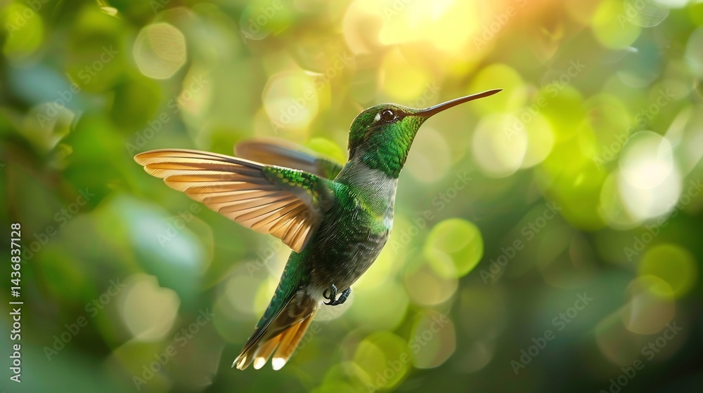 Naklejka premium Tiny hummingbird hovering in mid air iridescent green feathers shimmering delicate wings beating rapidly lush rainforest background