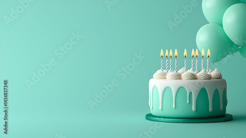 Green Birthday Cake with Candles and Balloons