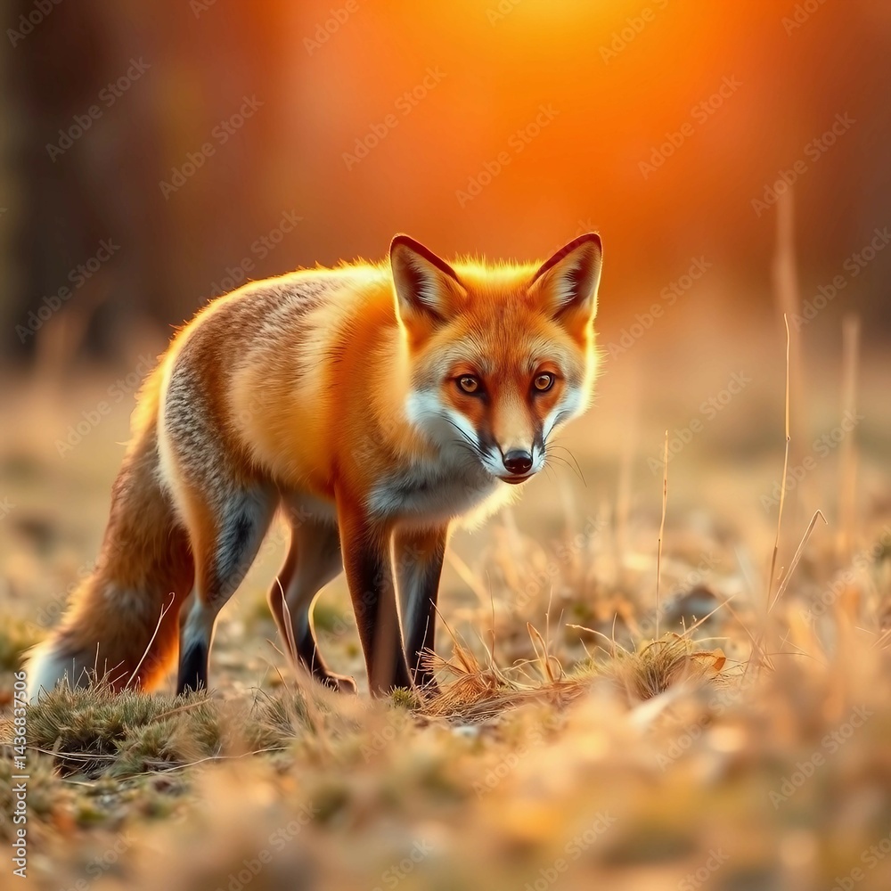 Naklejka premium Roter Fuchs in goldener Abendstimmung, verträumte Naturaufnahme bei Sonnenuntergang, warmes Licht.
