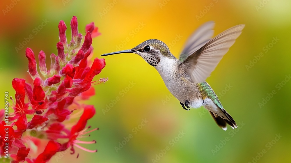 Fototapeta premium Tiny hummingbird hovering near a vibrant red flower delicate wings beating so fast they blur ultra HD wildlife action shot