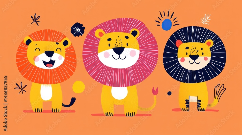 Obraz premium Three cute cartoon lions, playful background, kids' illustration
