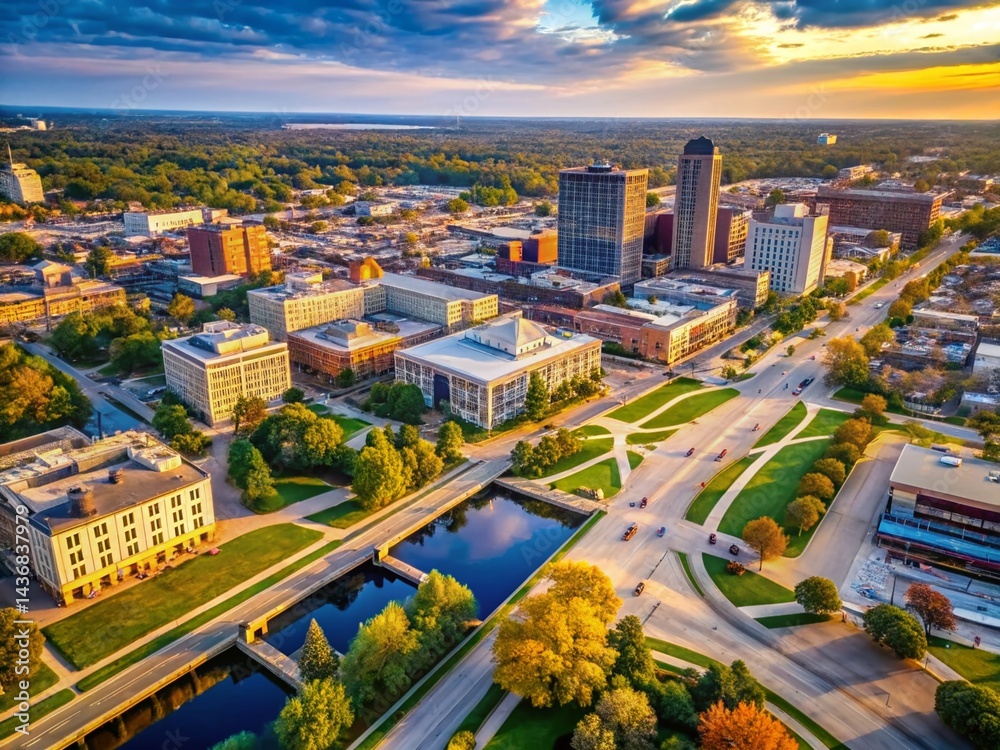 Aerial Bokeh View of Downtown South Bend, Indiana - Michiana Cityscape
